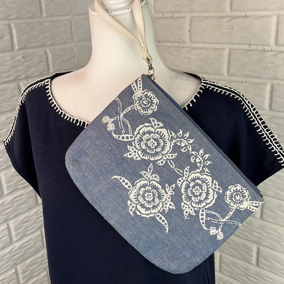 TALBOTS BUNDLE DRESS AND WRISTLET NAVY BLUE WHITE STITCH SHEATH SIZE LP - Picture 14 of 16